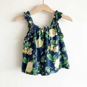 Old Navy Linen Blend Top Girls Size 18-24M Floral Print Blue Sleeveless Summer